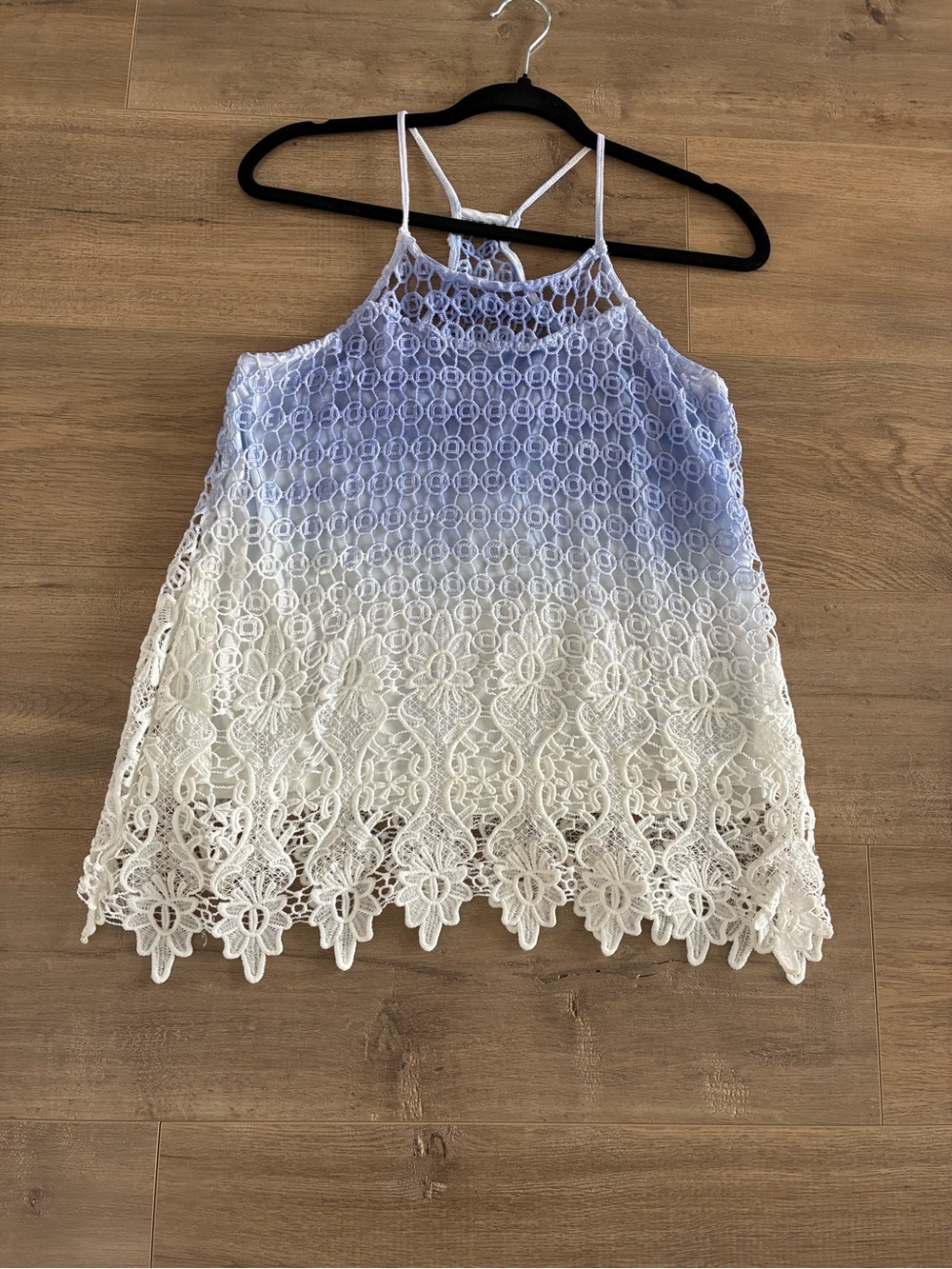 Lace Overlay Halter Tank Top - White to Light Blue Ombre